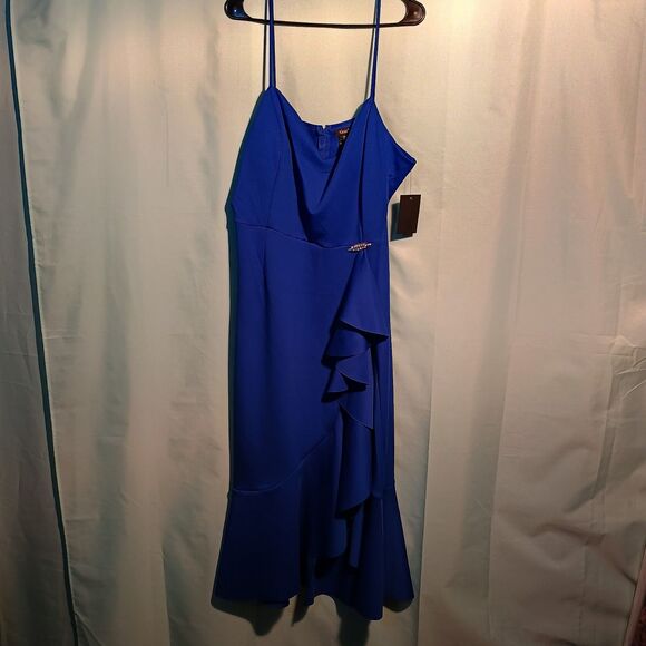 Women’s Royal Blue Evening Gown – Ruffle Front, Spaghetti Straps, Formal Dress. - Picture 1 of 4